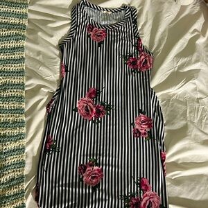 Black, white, and pick floral midi dress